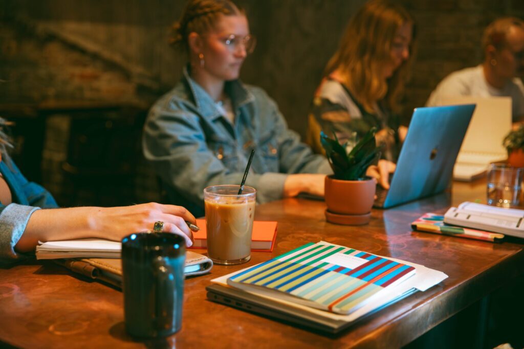 people working at a table