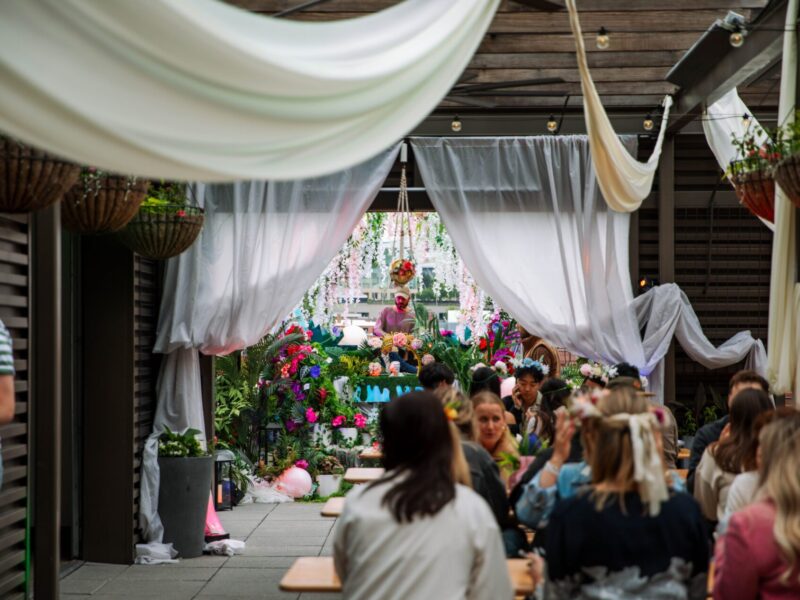 social group gathering on a rooftop